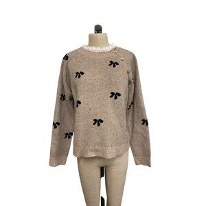 Shein Womens Beige Sweater With Black Bow Pattern & Decorative Buttons